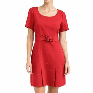 New Alex Marie Red Sheath Dress Short Sleeve Buckle Detail Size 8 Corporate Chic